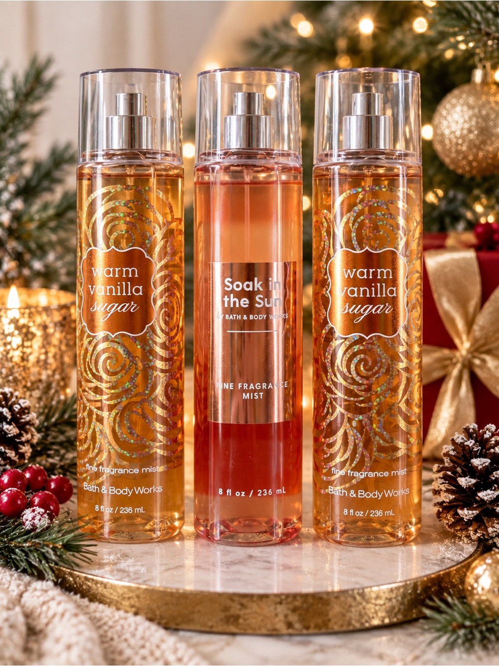 Bath & Body Works 3-Piece Fine Fragrance Mist Bundle Warm Vanilla Soak in Sun